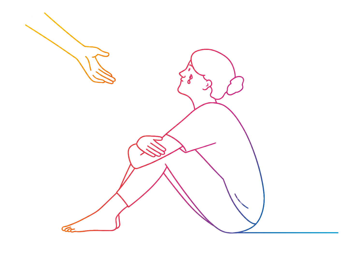 An open hand reaching toward a person sitting with their knees drawn in
